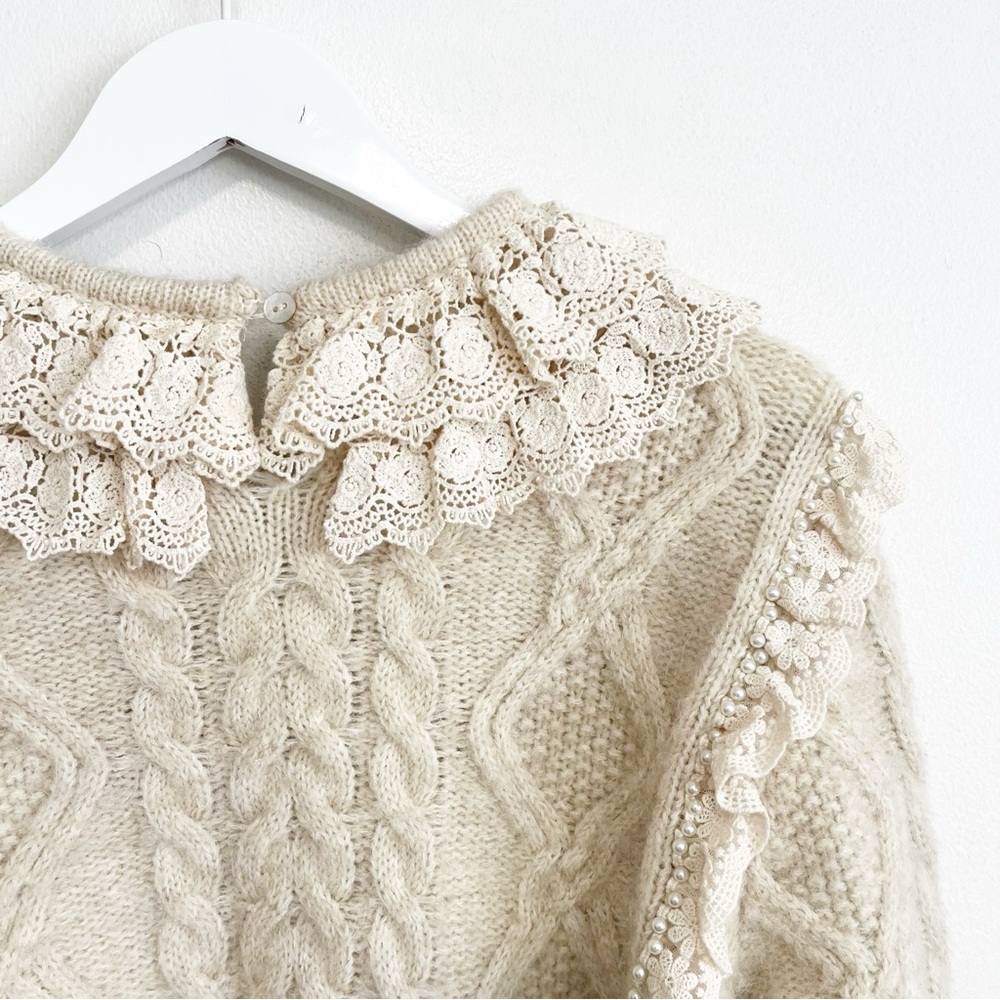 BOGO! ZARA Lace Ruffle Collar Pearl Cable Knit Sweater Cream Small - Picture 9 of 11